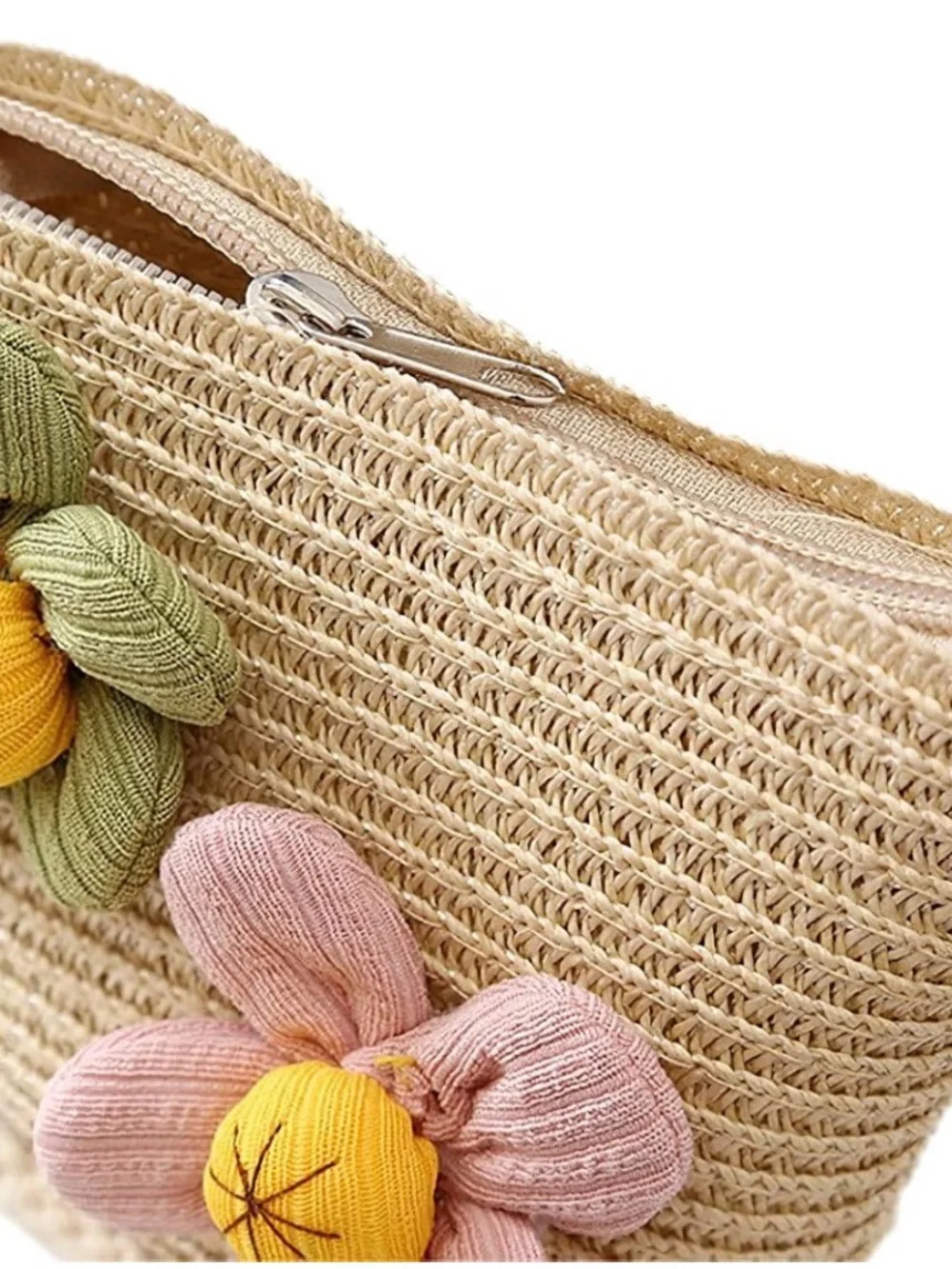 Woven Straw Crossbody Bag with Pink & Green Flower Appliqués